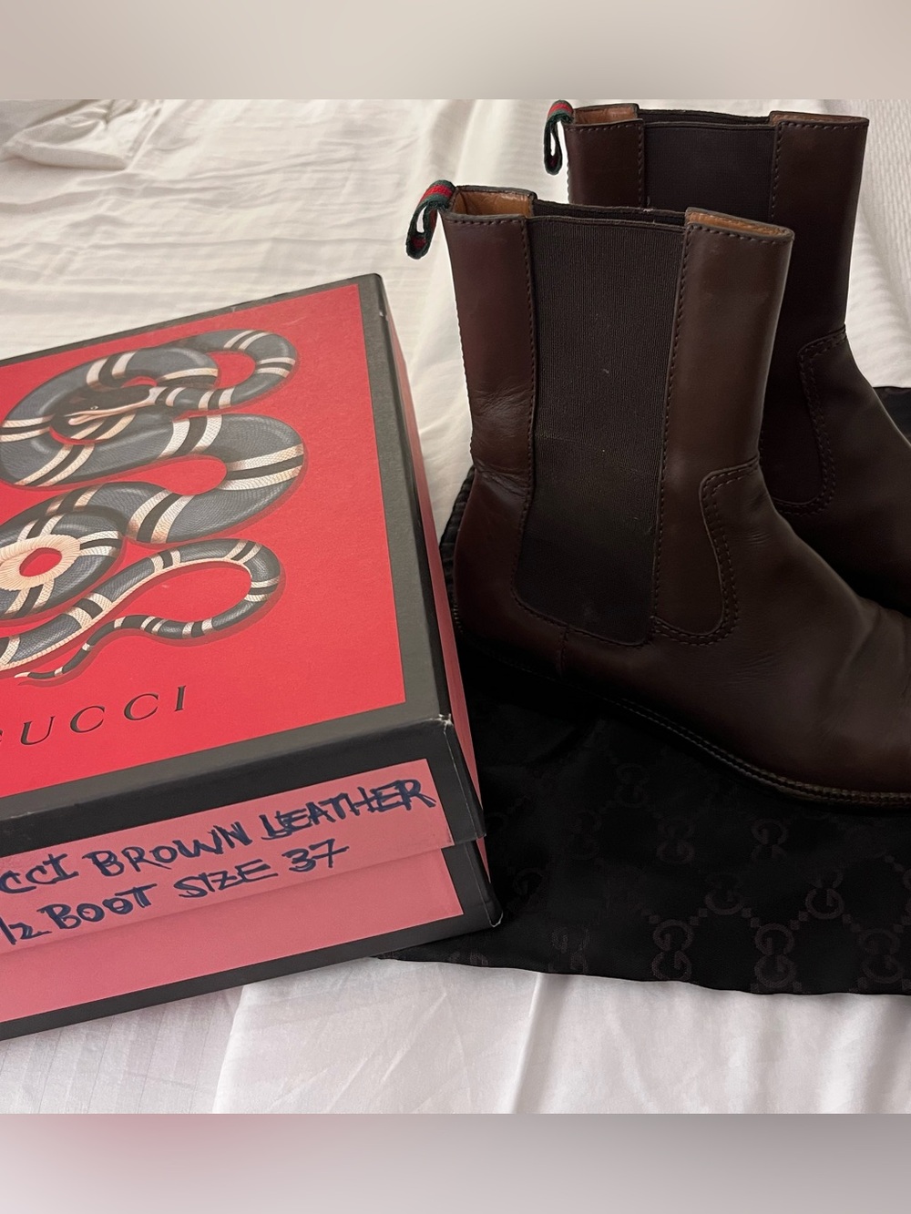 Gucci Brown Leather Boots with Signature Red/Green Web Pull Tabs Sz 37